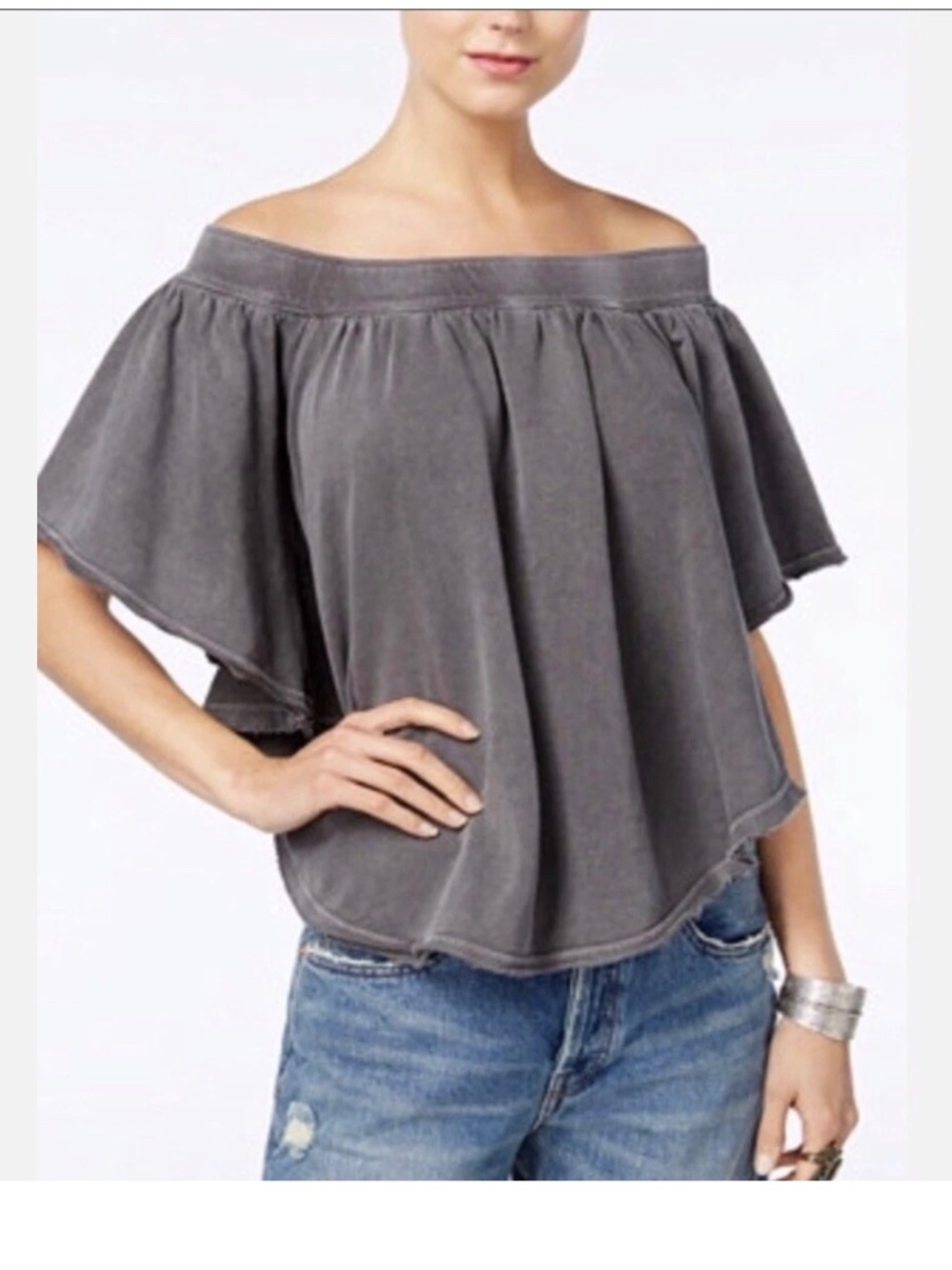Free People Kiss Me Off Shoulder Knit Top Charcoal Gray Size L
